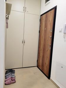 a closet with white cabinets and a wooden door at Apartman Lukić in Banja Koviljača