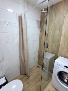 een badkamer met een douche en een wasmachine bij Apartman Lukić in Banja Koviljača