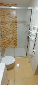 een badkamer met een douche en een toilet bij EnBURELA PLAYAS DE ARENA DORADA in Burela de Cabo