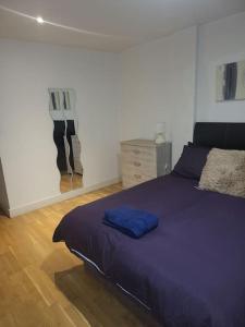 a bedroom with a purple bed and a dresser at Striking 1 bedroom apartment in Manchester
