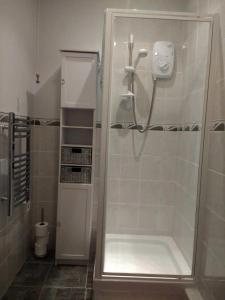 a shower with a glass door in a bathroom at Cowslip Corner Room with Sea View in Broad Haven