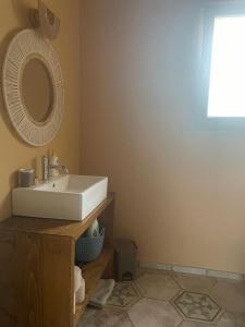 een badkamer met een witte wastafel en een spiegel bij Col di Pietra in Giuncarico