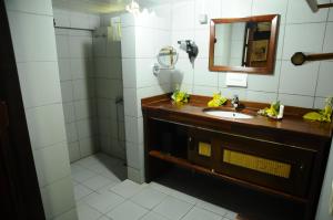 a bathroom with a sink and a mirror and a shower at Raira Lagon in Avatoru