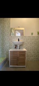 La salle de bains est pourvue d'un lavabo et d'un miroir. dans l'établissement Belle appartement chaleureux à 2 mn à pied du tramway., à Saint-Étienne
