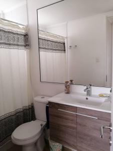 a bathroom with a toilet and a sink and a mirror at Departamento playa La Herradura in Coquimbo