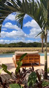 um banco sentado num pátio debaixo de uma palmeira em Tukasa - Surfhouse Popoyo em Popoyo