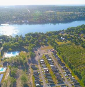 an aerial view of a parking lot next to a river at Falcon Cottages in Niagara-on-the-Lake
