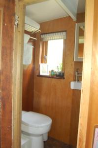 a bathroom with a toilet and a window at River Meadow Retreat in Uffculme