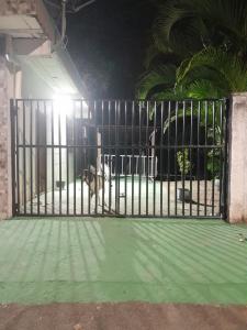 a dog standing behind a gate at night at Residencial in Salvador