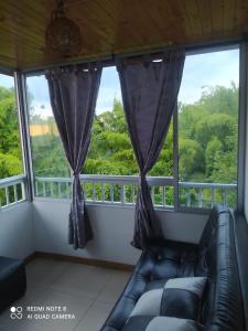 a living room with a couch and a large window at Apartamento pequeño, acogedor, 1 habitación, vista a zonas verdes, English in Calarcá