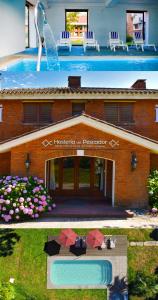 um edifício com piscina e um edifício com guarda-sóis em Hosteria Del Pescador em Punta Del Diablo