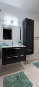 a bathroom with a black sink and a mirror at casahibiscus in Fort-de-France