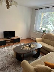 a living room with a couch and a coffee table at Apartmán v centre mesta in Liptovský Mikuláš