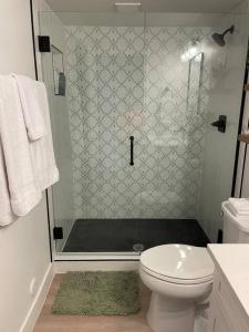 a bathroom with a shower with a toilet and a sink at Private, cozy, suite by Mile High Stadium and Downtown Denver! in Denver