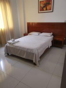Un dormitorio con una cama con una manta. en Hotel ESPLENDOR, en Chiclayo