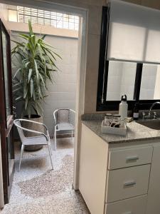 eine Küche mit einer Spüle, 2 Stühlen und einer Pflanze in der Unterkunft Departamento de Josefina in Santiago del Estero