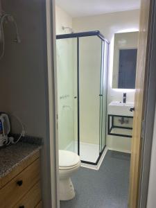 a bathroom with a shower and a toilet and a sink at Departamentos Av. Ramírez in Paraná