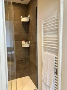 La salle de bains est pourvue d'une douche avec une porte en verre. dans l'établissement T2 à louer à Villeurbanne, à Villeurbanne