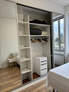 Cette chambre comprend un lit et un placard avec des étagères. dans l'établissement T2 à louer à Villeurbanne, à Villeurbanne