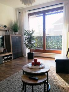 a living room with a table and a large window at Schöne voll ausgestattete Ferienwohnung in Havixbeck