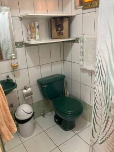 uma casa de banho com um WC verde e um lavatório em La Cabaña: Descanso y Naturaleza em Cartago