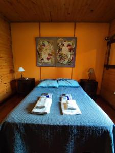 Un dormitorio con una cama con dos platos. en Cabañas Iremía en Uribelarrea