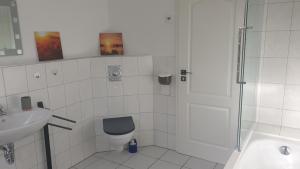 a bathroom with a shower and a toilet and a sink at Moderner Fachwerktraum in Uetze