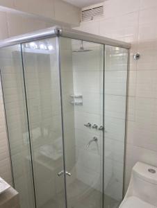 La salle de bains est pourvue d'une douche en verre et de toilettes. dans l'établissement Reconquista900, à Buenos Aires