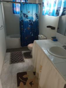 La salle de bains est pourvue d'un lavabo, de toilettes et d'une douche. dans l'établissement Super breezy cozynook !, à Bridgetown