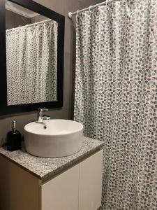 a bathroom with a sink and a shower curtain at Duplex del Parque y Balneario in Necochea