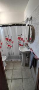 a bathroom with a sink and a toilet and a mirror at Casa Ana 3 departamento a 20 min del aeropuerto de ezeiza in Luis Guillón