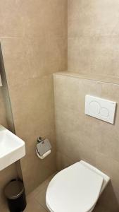 La petite salle de bains est pourvue de toilettes et d'un lavabo. dans l'établissement Studio hyper centre, à Genève