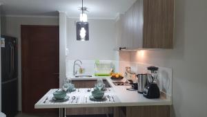 a kitchen with a white counter top in a room at Departamento en Pucón, full equipado. in Pucón