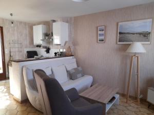 ein Wohnzimmer mit einem Sofa und einem Tisch in der Unterkunft Maison Arcachon, 3 pièces, 5 personnes - FR-1-319-126 in Arcachon