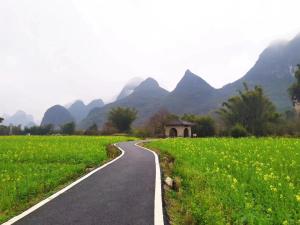 una carretera que atraviesa un campo con montañas en el fondo en Dreamland Inn, en Yangshuo