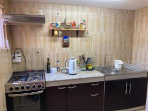 a kitchen with a stove and a sink at Acogedora casa en Algarrobo in San Antonio