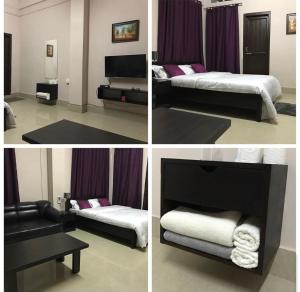 four pictures of a room with two beds and a couch at Premier Lodge in Dimāpur