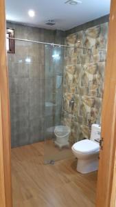 La salle de bains est pourvue de toilettes et d'une douche en verre. dans l'établissement Shimla Greens Shimla, à Shimla