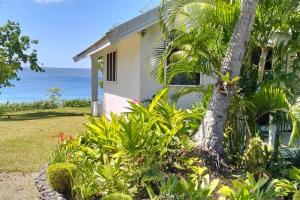 a house with a palm tree next to the ocean at Dream Cove Cottage, 2 Bedroom in Port Vila