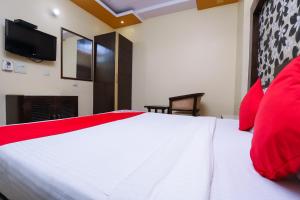 ein Schlafzimmer mit einem weißen Bett mit roten Kissen und einem TV in der Unterkunft Hotel J P Inn Near Patel Nagar Metro Station in Neu-Delhi