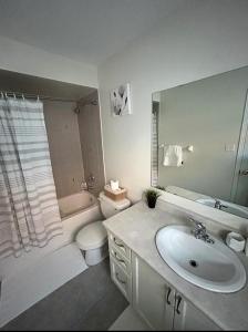 een badkamer met een wastafel, een toilet en een spiegel bij Cozy home in Brampton (Mt pleasant Go station) in Brampton