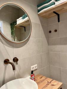 a bathroom with a sink and a mirror at Tiny House in center Aalsmeer I Close to Schiphol & Amsterdam in Aalsmeer