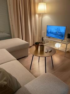 uma sala de estar com um sofá e uma mesa com uma televisão em Helsinki Airport Apartment em Vantaa