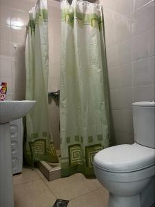 łazienka z toaletą i zasłoną prysznicową w obiekcie BOBLINE BAKURIANI SUITE w mieście Bakuriani
