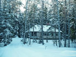 uma casa na neve em frente às árvores em Mökki merenrannalla Vuosaaressa em Helsinque