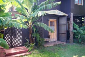 a small house with a palm tree in the yard at PARAÍSO Sunset Bungallows in Hanga Roa