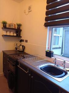 uma cozinha com um lavatório, um fogão e uma janela em North Street Flat em Bristol