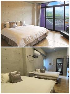 twee foto's van een slaapkamer met een groot bed bij Mei Jen house B&B 日月潭民宿 in Yuchi
