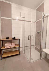 a bathroom with a shower and a glass shower stall at Landhaus Schaidreith in Ferschnitz