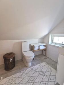 a white bathroom with a toilet and a window at Årsta strand in Stockholm